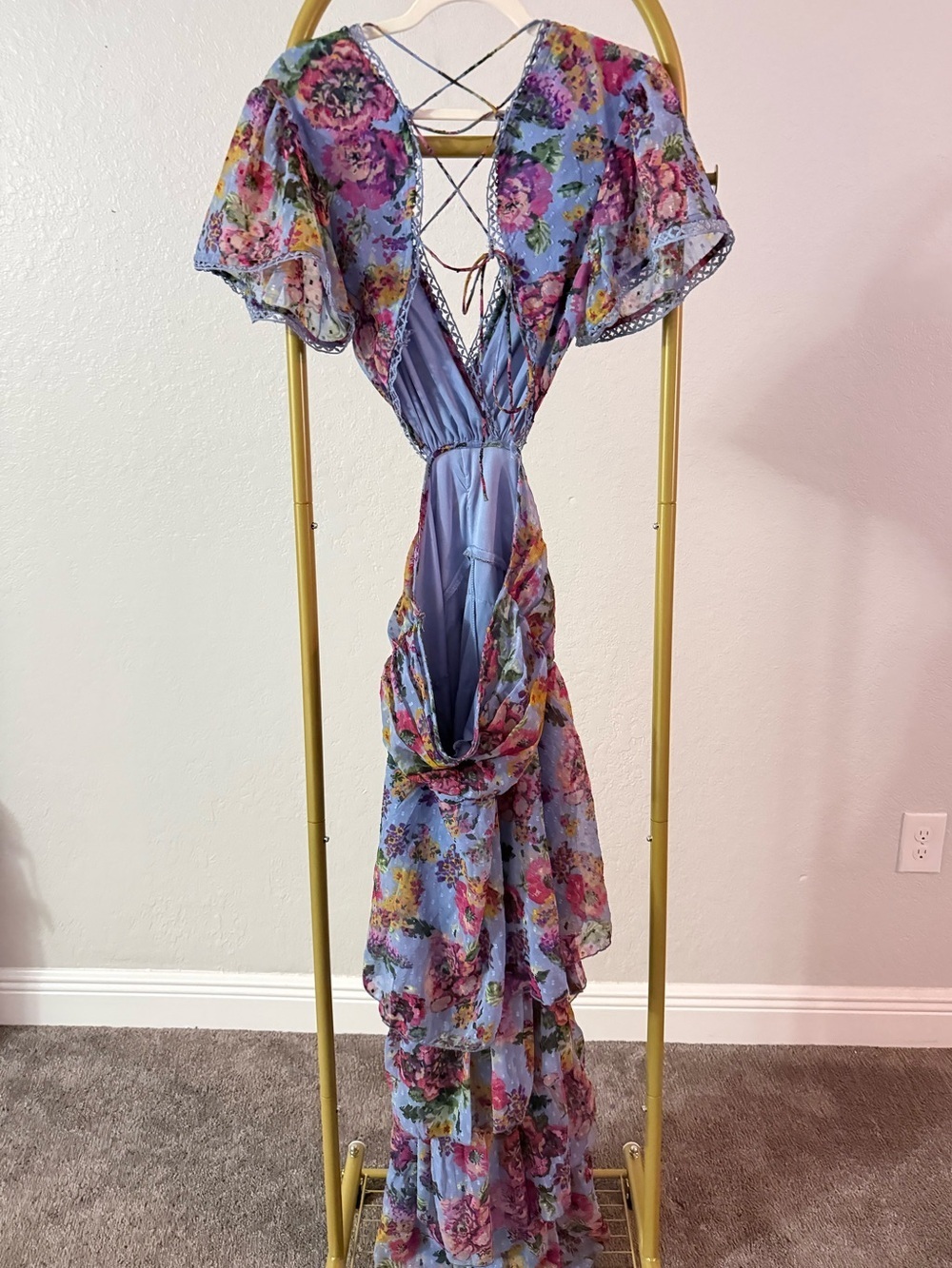 NWT Boohoo Petite Floral Dobby Mesh Cut Out Maxi Dress Blue US 10 - Picture 6 of 10